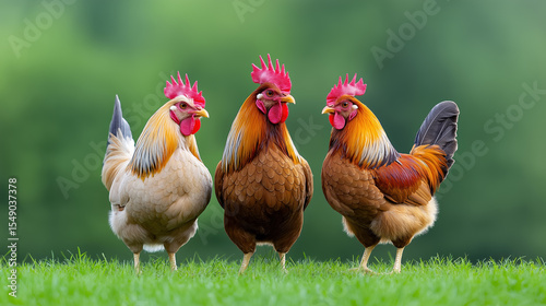 Colorful chickens standing together in a lush green field
