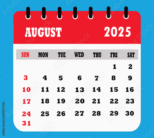 Chart Calendar for August 2025  Flat design,  Vector illustration 