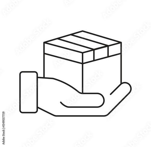 hand holding gift box. Outline illustration of gift box in hand vector icon
