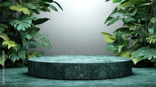 Stunning photo of stone green podium or rock dais stage and nature green leaves. elegant green podium mock-up stand product scene green nature background. 3d podium stage.