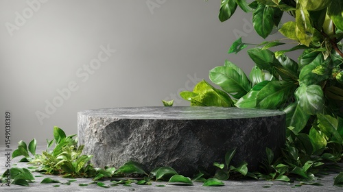 Stunning photo of stone green podium or rock dais stage and nature green leaves. elegant green podium mock-up stand product scene green nature background. 3d podium stage.