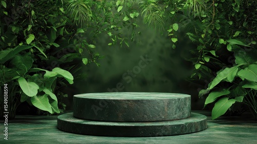Stunning photo of stone green podium or rock dais stage and nature green leaves. elegant green podium mock-up stand product scene green nature background. 3d podium stage.