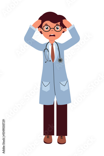 Doctor character showing shock expression with hands on head in medical environment. Vector illustration in flat style isolated on white background.