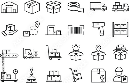 Warehouse Inventory Vector Icon Set. Storage, logistics, delivery, packaging, barcode, forklift, shipping, pallet, stock, tracking, management, cargo, supply chain icons 