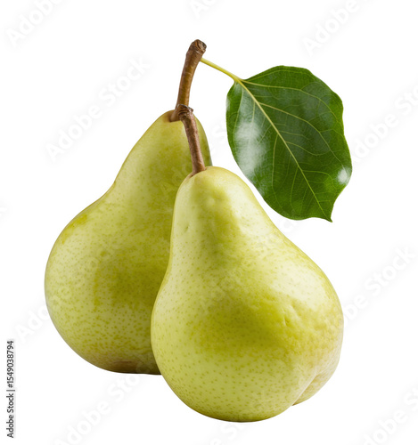 two green pears with leaf on white background