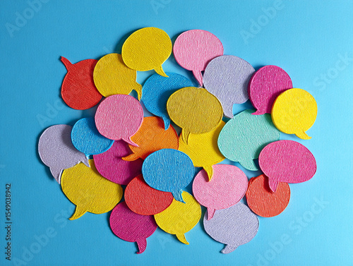 Colorful Speech Bubbles Floating on Blue Background for Communication, generated image