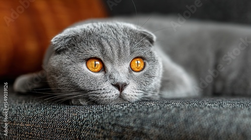 Scottish fold cat with orange eyes resting on grey sofa, close-up portrait - Serene feline elegance in soft natural light
