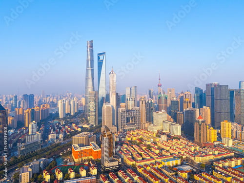 Aerial view of Shanghai skyscrapers and residential buildings in downtown.