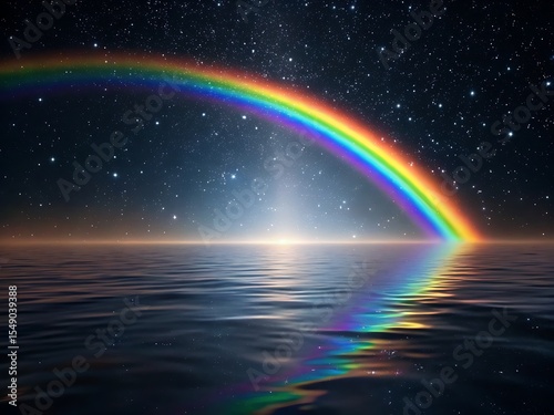 Magical rainbow over the ocean horizon under a starry night sky
