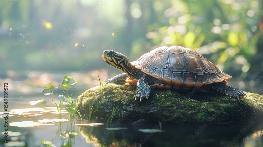 Obraz premium Turtle Basking on Mossy Rock in Sunny Pond turtle pond rock sunny basking reptile animal water moss