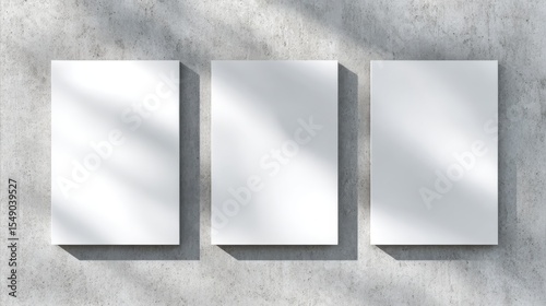 Fototapeta Naklejka Na Ścianę i Meble -  Stunning photo of three empty white vertical rectangle poster mockups with soft shadows on neutral light grey concrete wall background. Flat lay, top view.