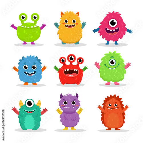 set of cartoon monsters. Cute monster in flat style. Kids funny character design for posters, cards, magazins. Vector illustration
