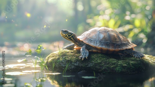 Turtle Basking on Mossy Rock in Sunny Pond turtle pond rock sunny basking reptile animal water moss