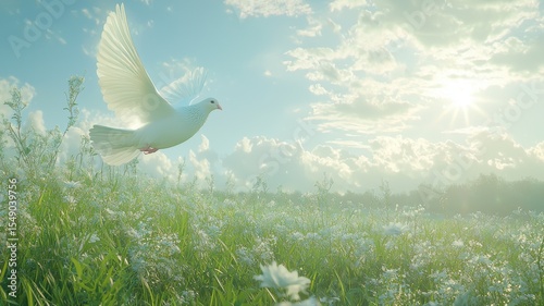 White Dove Soaring Over Sunny Meadow meadow white white dove bird flying spread wings field grass