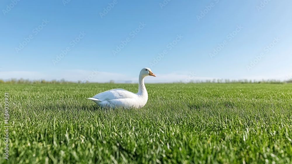 Obraz premium Peaceful White Goose Resting in a Vibrant Green Field Under Blue Sky goose peaceful resting vibrant