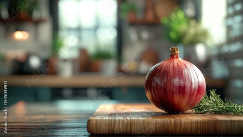 Fresh Red Onion and Rosemary on Wooden Cutting Board in a Kitchen onion rosemary wooden kitchen herb