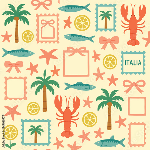 Vibrant Italian Summer Palm Trees, Lobster, and Sea Life Illustration