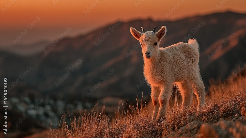 Obraz premium Goat on grassy hill with mountains in background