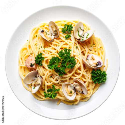Traditional Carbonara with Seafood Twist on White Background