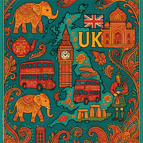 Stylized UK Map A Vibrant Illustration of British Culture and Heritage