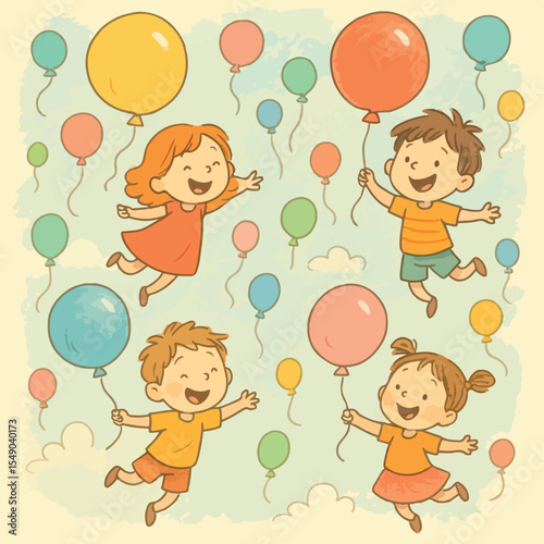 Whimsical Cartoon Children Soaring with Balloons A Joyful Illustration