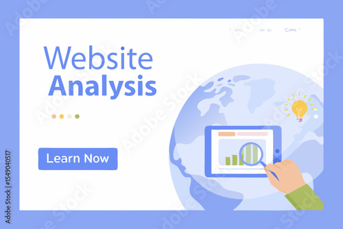 Website analysis illustration with tablet globe magnifying glass and light bulb