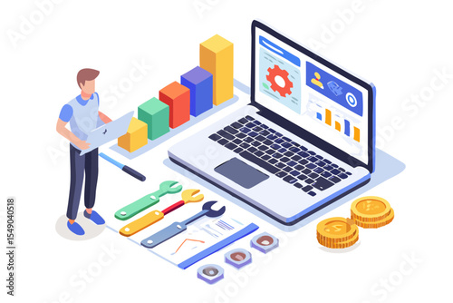 Isometric illustration of a man analyzing data on a laptop with tools