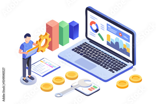 Isometric illustration of data analysis financial management and business development