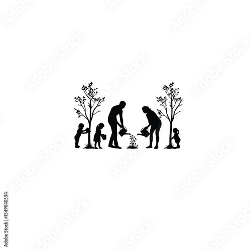 Silhouette of a family watering saplings in a park on white background