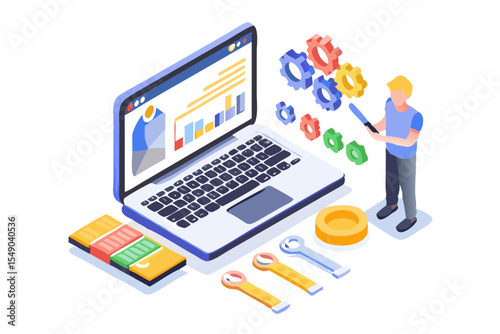 Isometric illustration of a man working on a laptop with gears