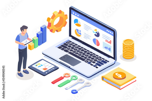 Isometric Illustration of Financial Analysis with Laptop Charts and Data