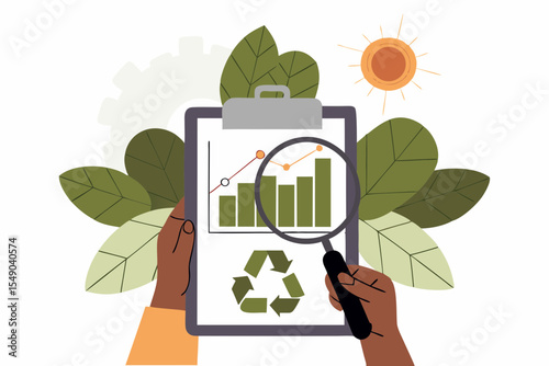 Analyzing Sustainability Data Growth Chart with Recycling Symbol and Magnifying Glass