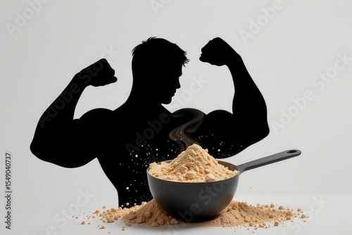 muscle flex silhouette forming from protein powder scoop, bold symbolic concept for strength fuel, clean product visual with gym and nutrition message