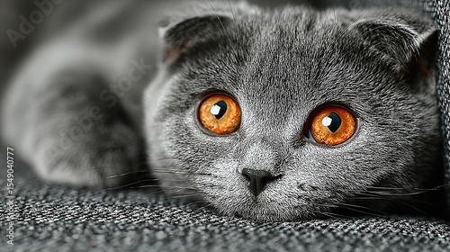 Scottish fold cat with orange eyes resting on grey sofa, close-up portrait - Serene feline elegance in soft natural light
