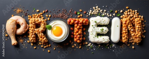 food collage: chicken, eggs, greek yogurt, beans, lentils forming word â€œproteinâ€, visual graphic design promoting strength diet for fitness and muscle