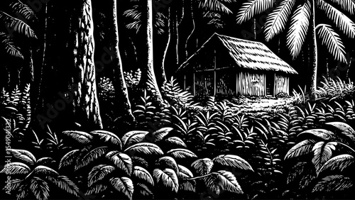 quiet tropical rainforest hut surrounded by towering trees, and rich plant textures, a black and white sketch vector