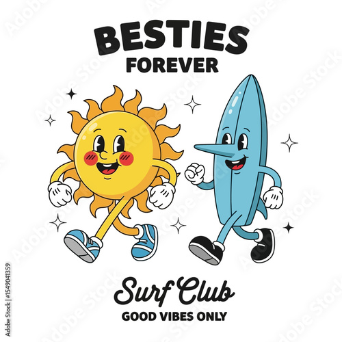 Best Friends Forever Sun and Surfboard Cartoon Illustration