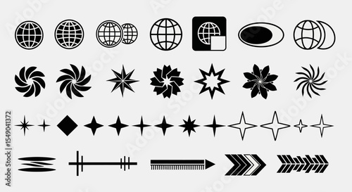 Collection of Diverse Graphic Design Elements Globes, Stars, Arrows, and Swirls