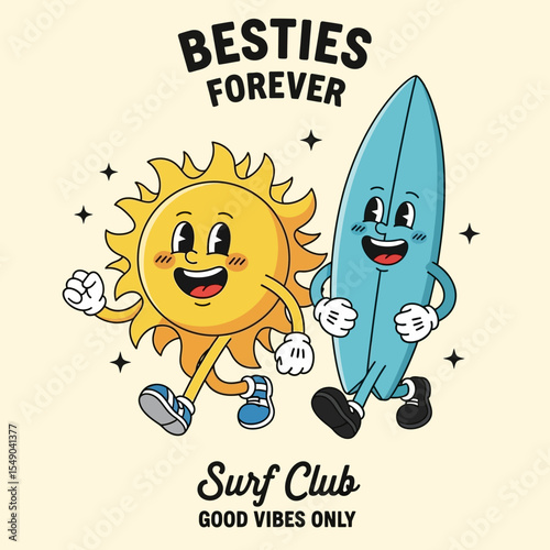 Best Friends Forever Surf Club Sun and Surfboard Cartoon Illustration