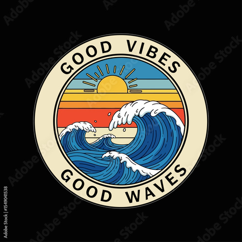Good Vibes Good Waves Retro Ocean Sunset Illustration