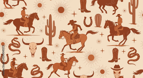 Retro Western Seamless Pattern Cowboys, Horses, Cactus, and Desert Icons