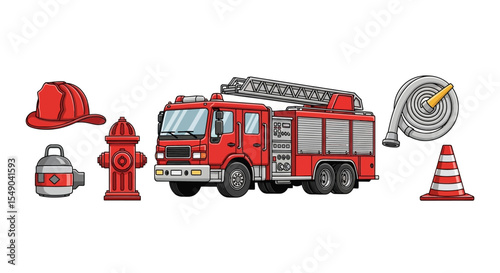 Firetruck, Firefighter Equipment, and Safety Icons Cartoon Illustration