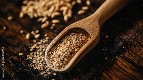 Wooden spoon filled with sesame seeds on rustic table for organic culinary ingredient food background scene