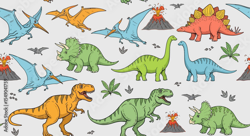 Adorable Dinosaur Pattern Colorful Prehistoric Creatures Seamless Repeat