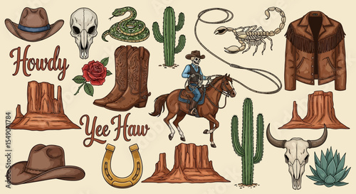 Vintage Western Illustrations Cowboy, Cactus, Skull & More