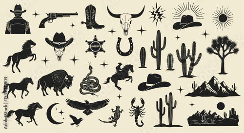 Wild West Icons Cowboy, Horses, Cacti, and Desert Landscapes