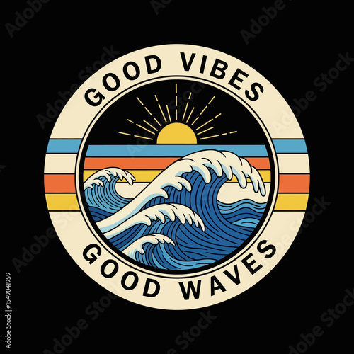 Good Vibes, Good Waves Retro Ocean Sunset Illustration