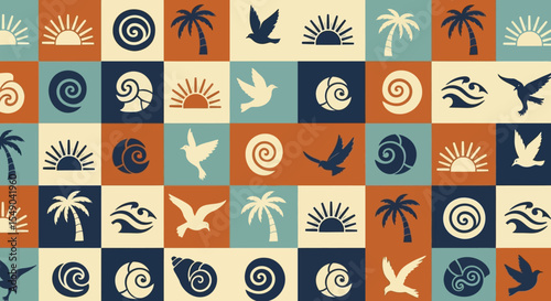 Summer Vibes Tropical Paradise Seamless Pattern Design with Sun, Birds, Shells, and Palm Trees