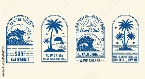 California Surf Club Wave Chaser Designs, Beach Vibes, Palm Trees, Ocean Wave Illustrations