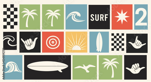 Surf's Up Summer Vibes Icon Set -  Beach, Waves, and Palm Trees Graphics